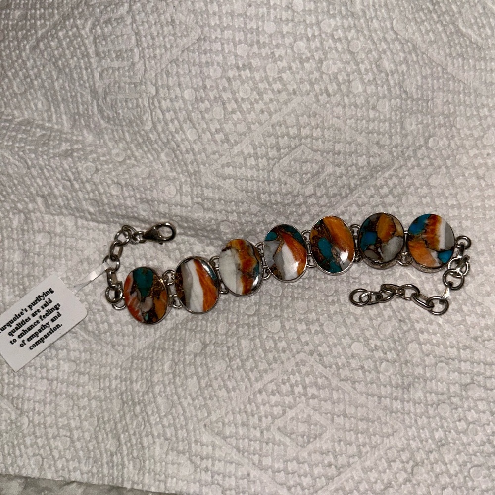 NEW 925 Sterling Silver Spiny Copper Turquoise Oval Link Bracelet - Picture 9 of 14